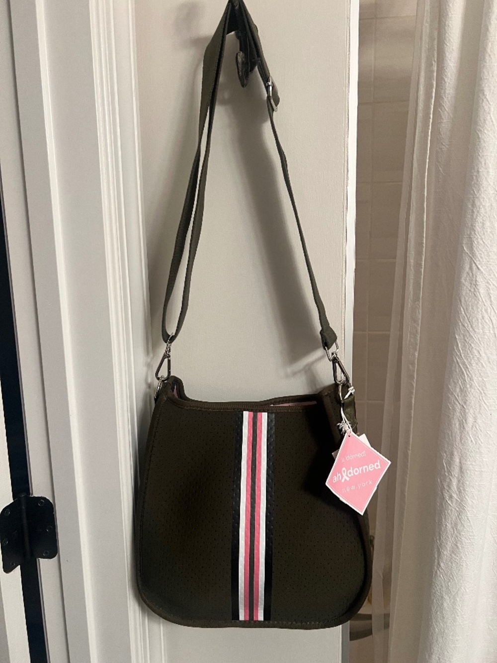 NWT Ah-dorned Olive Neoprene Crossbody Bag Pink Stripe